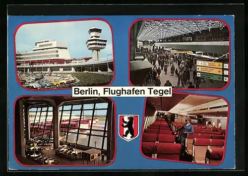 AK Berlin-Tegel, Ansichten vom Flughafen und Stewardess im Flugzeug