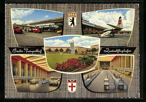 AK Berlin, Zentralflughafen Tempelhof, Fünf Ansichten mit Wappen
