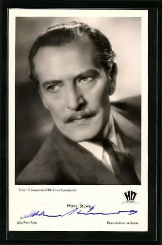 AK Schauspieler Hans Stüwe mit Schnurrbart, Autograph
