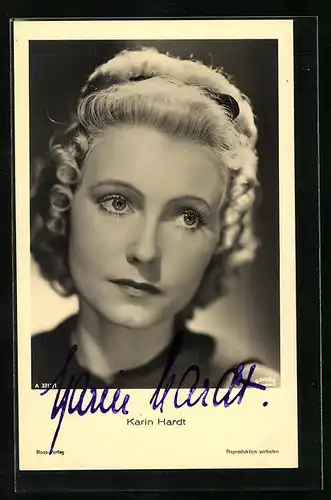 AK Schauspielerin Karin Hardt mit traurigem Blick, Autograph