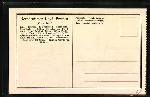 AK Doppelschrauben-Salondampfer Columbus bei voller Fahrt