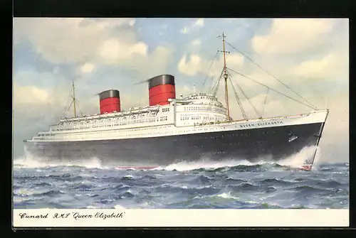 AK Passagierschiff R. M. S. Queen Elizabeth bei voller Fahrt