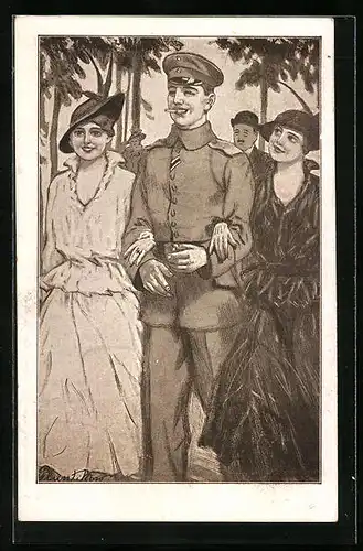 Künstler-AK Plantikow: Soldat mit zwei hübschen Mädchen - Der Soldat ist der schönste Mann im ganzen Staat