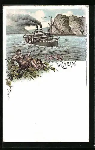 Lithographie Dampfer auf dem Rhein