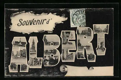 AK Albert, Ansichten aus dem Ort in den Buchstaben vom Ortsnamen