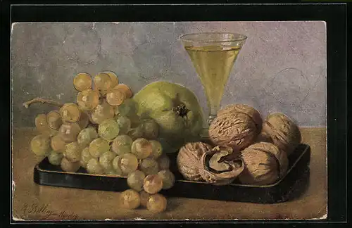 Künstler-AK M. Billing: Tablett mit Weintrauben, Nüssen, Birne und Champagner
