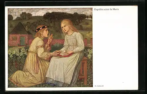 Künstler-AK Matthäus Schiestl: Mann kniet vor der lesenden Maria, Gegrüsset seiest du Maria