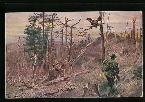 Künstler-AK Ludwig Fromme: Jäger auf der Pirsch übersieht den Auerhahn über seinem Kopf