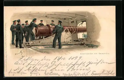 Künstler-AK Hans Bohrdt: Matrosen exercieren am Geschütz, Kriegsschiff