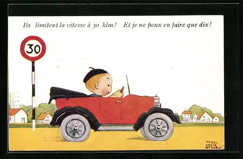 Künstler-AK Mabel Lucie Attwell: Junge fährt mit seinem Auto an einem Verkehrsschild vorbei