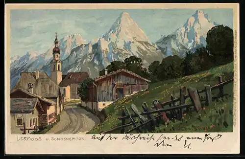 Künstler-AK Zeno Diemer: Lermoos, Ortspartie mit Sonnenspitze