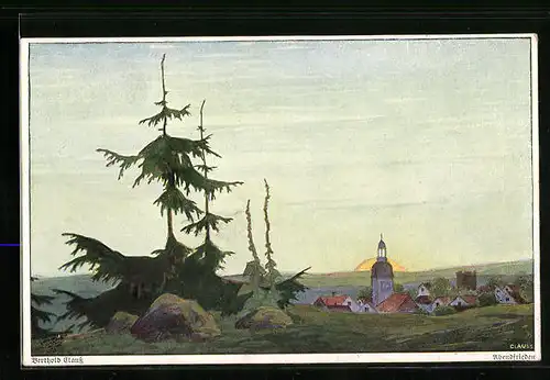 Künstler-AK Berthold Clauss: Dorf mit Kirche bei Sonnenuntergang