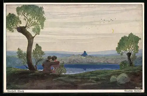 Künstler-AK Berthold Clauss: Verliebtes Paar sitzt an einem Seeufer