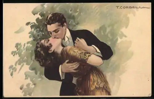Künstler-AK Tito Corbella: Elegantes Paar küsst sich leidenschaftlich