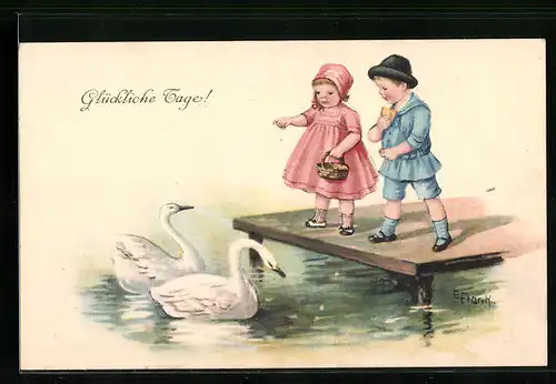 Künstler-AK Elly Frank: Kinder füttern Schwäne, Glückliche Tage!