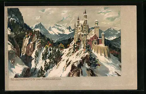 Künstler-AK Zeno Diemer: Neuschwanstein und Marienbrücke im Winter