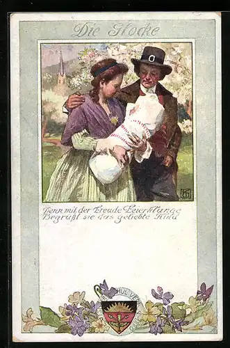 Künstler-AK Karl Friedrich Gsur, Deutscher Schulverein Nr. 192: Paar in Tracht mit Kind auf dem Arm, Die Glocke
