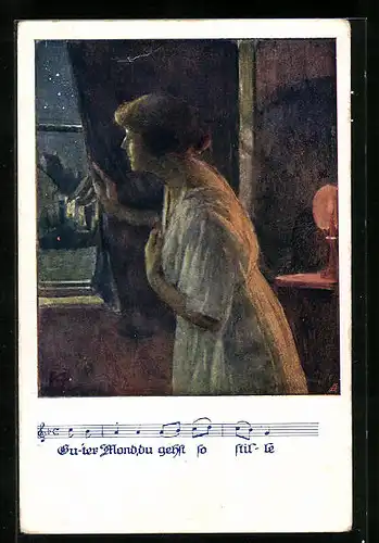 Künstler-AK Karl Friedrich Gsur, Deutscher Schulverein Nr. 1380: Frau erblickt den Mond durch das Fenster