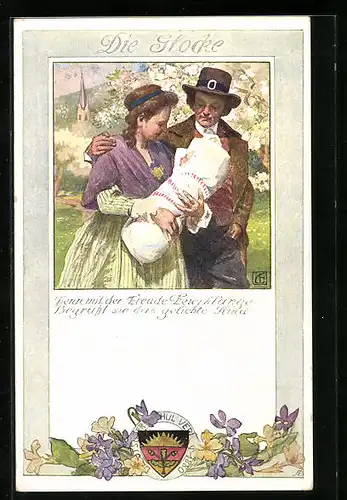 Künstler-AK Karl Friedrich Gsur, Deutscher Schulverein Nr. 192: Paar in Tracht mit Kind auf dem Arm, Die Glocke