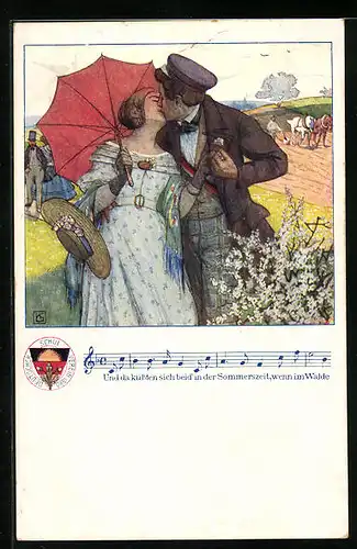 Künstler-AK Karl Friedrich Gsur, Deutscher Schulverein Nr. 20: Verliebtes Paar küsst sich am Feldrand