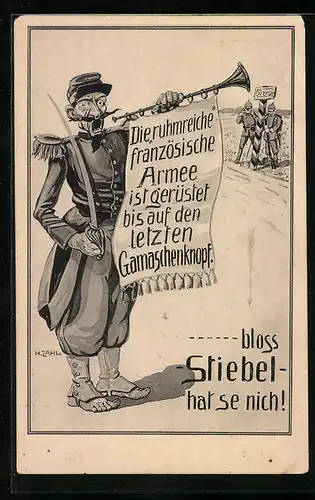 Künstler-AK H. Zahl: Französischer Soldat ohne Stiefel, Propaganda 1. Weltkrieg