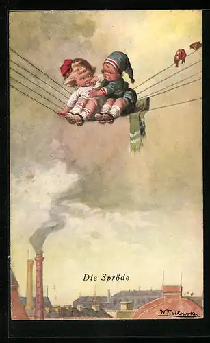 Künstler-AK Wally Fialkowska: Kinderpaar sitzt zusammen auf der Stromleitung über der Stadt, Die Spröde