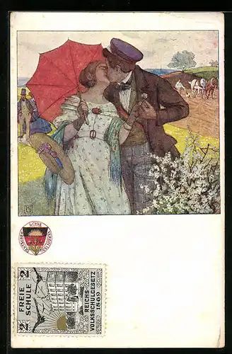 Künstler-AK Karl Friedrich Gsur, Deutscher Schulverein: Verliebtes Paar küsst sich am Feldrand