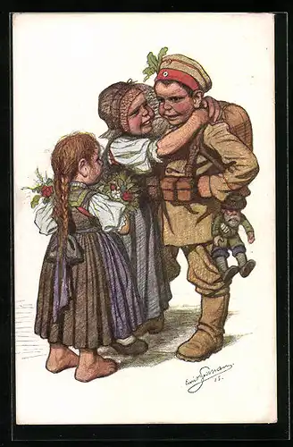 Künstler-AK Emil Beithan: Mutter und Tochter begrüssen den heimkehrenden Soldaten