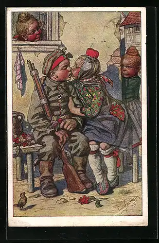 Künstler-AK Emil Beithan: Mädchen küsst den Soldaten zum Abschied