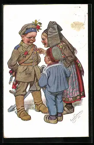 Künstler-AK Emil Beithan: Mutter und Sohn bewundern die Orden des heimkehrenden Soldaten