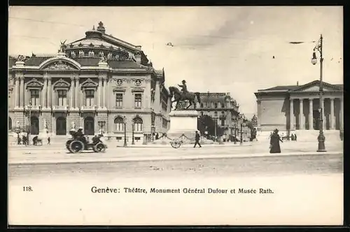 AK Genève, Théatre, Monument Général Dufour et Musée Rath