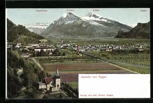 AK Ragaz, Ortsansicht mit Churfirsten, Gonzen, Alvier und Säntis