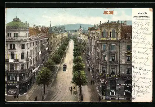 AK Zürich, Bahnhofstrasse aus der Vogelschau, Hotel National, Strassenbahn