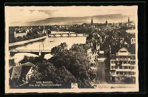 AK Basel, Flusspartie mit den drei Rheinbrücken