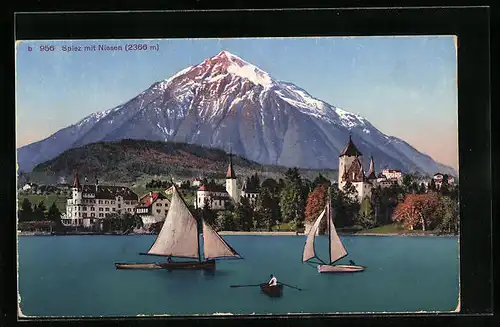 AK Spiez, Ortsansicht mit Niesen vom Wasser aus gesehen