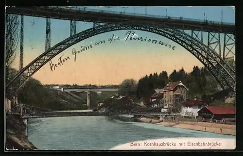 AK Bern, Kornhausbrücke mit Eisenbahnbrücke