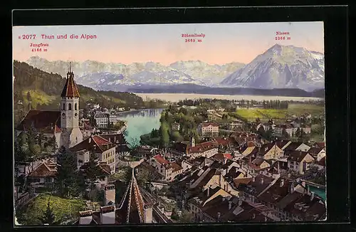 AK Thun, Ortsansicht mit Jungfrau, Blümlisalp und Niesen
