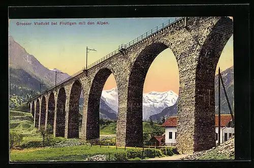 AK Frutigen, Grosser Viadukt der Bern-Lötschberg-Simplon-Bahn und Alpenpanorama