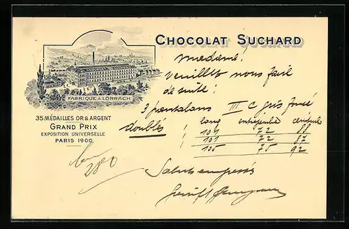 AK Lörrach, Suchard Fabrique Chocolat, Kakao, 35 Medailles Or & Argent, Grand Prix Exposition Universelle Paris 1900