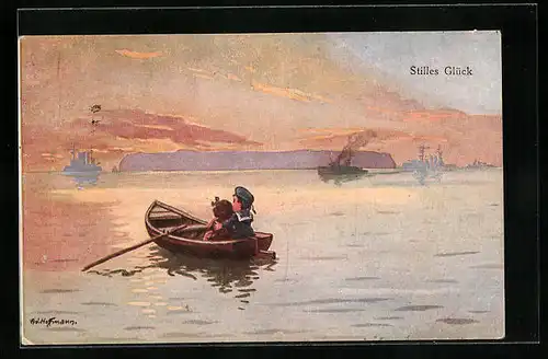 Künstler-AK Ad. Hoffmann: Stilles Glück, Kinder im Ruderboot zur Abendstimmung