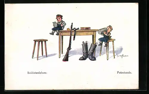 Künstler-AK Ad. Hoffmann: Soldatenleben, junge Soldaten zur Putzstunde