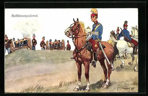 Künstler-AK Fritz Schönpflug: Aufklärungsdienst, Soldaten zu Pferd, Geschütze im Hintergrund