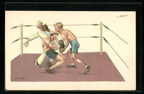 Künstler-AK Fritz Schönpflug: Boxer im Ring, Niederschlag des Ringrichters