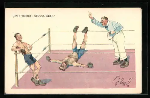 Künstler-AK Fritz Schönpflug: Zu Boden gegangen, der Boxer liegt geschlagen im Ring