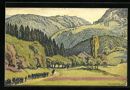 Künstler-AK Ernst E. Schlatter: Vallee du Jura pres de Fontaines, der Marsch durchs Tal