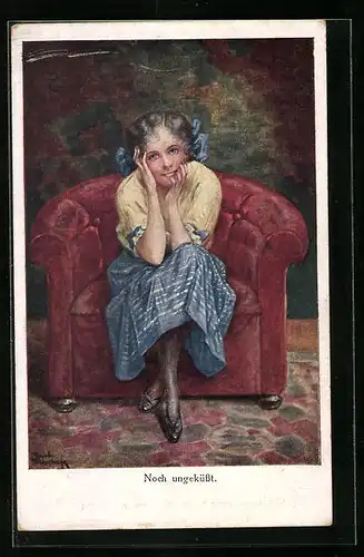 Künstler-AK Ruab Gnischaf: Noch Ungeküsst, junge Dame in einem roten Sessel