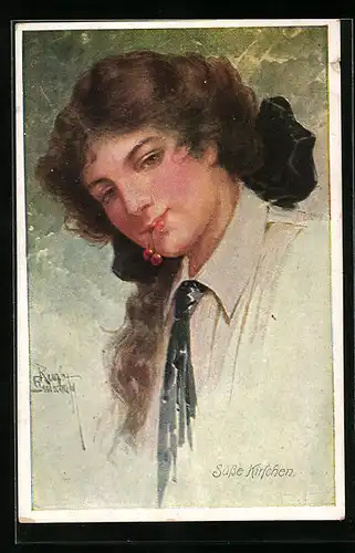 Künstler-AK Ruab Gnischaf: Süsse Kirschen, junge Dame mit Früchten im Mund