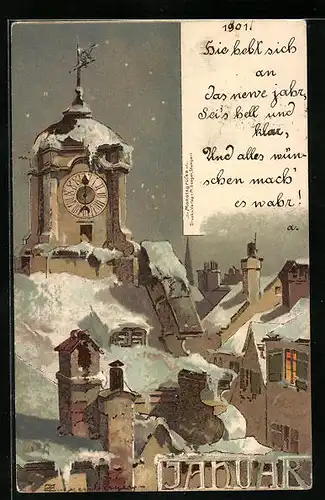Künstler-AK Theodor Guggenberger: Januar, Blick über die Dächer der Stadt auf den Kirchturm im Schnee