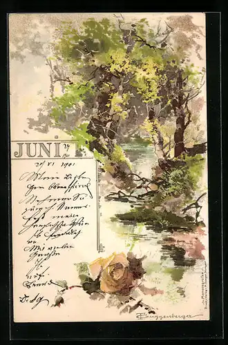 Künstler-AK Theodor Guggenberger: Juni, am Bach im Wald, Rose in voller Blüte