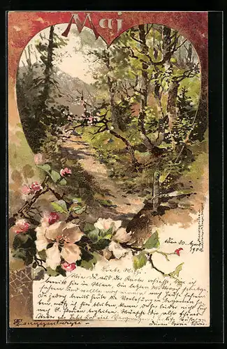 Künstler-AK Theodor Guggenberger: Mai, auf einem Waldweg, Herzausschnitt